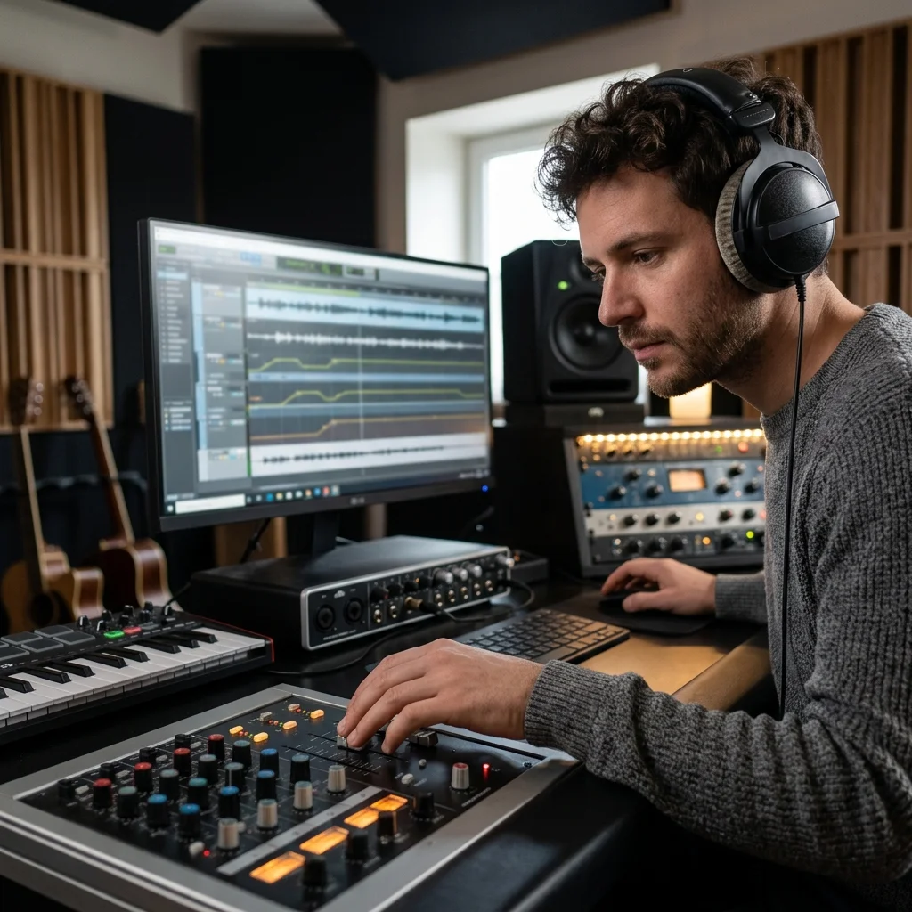 Composer building chords and MIDI ideas on a digital piano