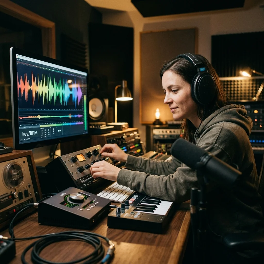 Independent musician shaping an AI music idea in a bright home studio