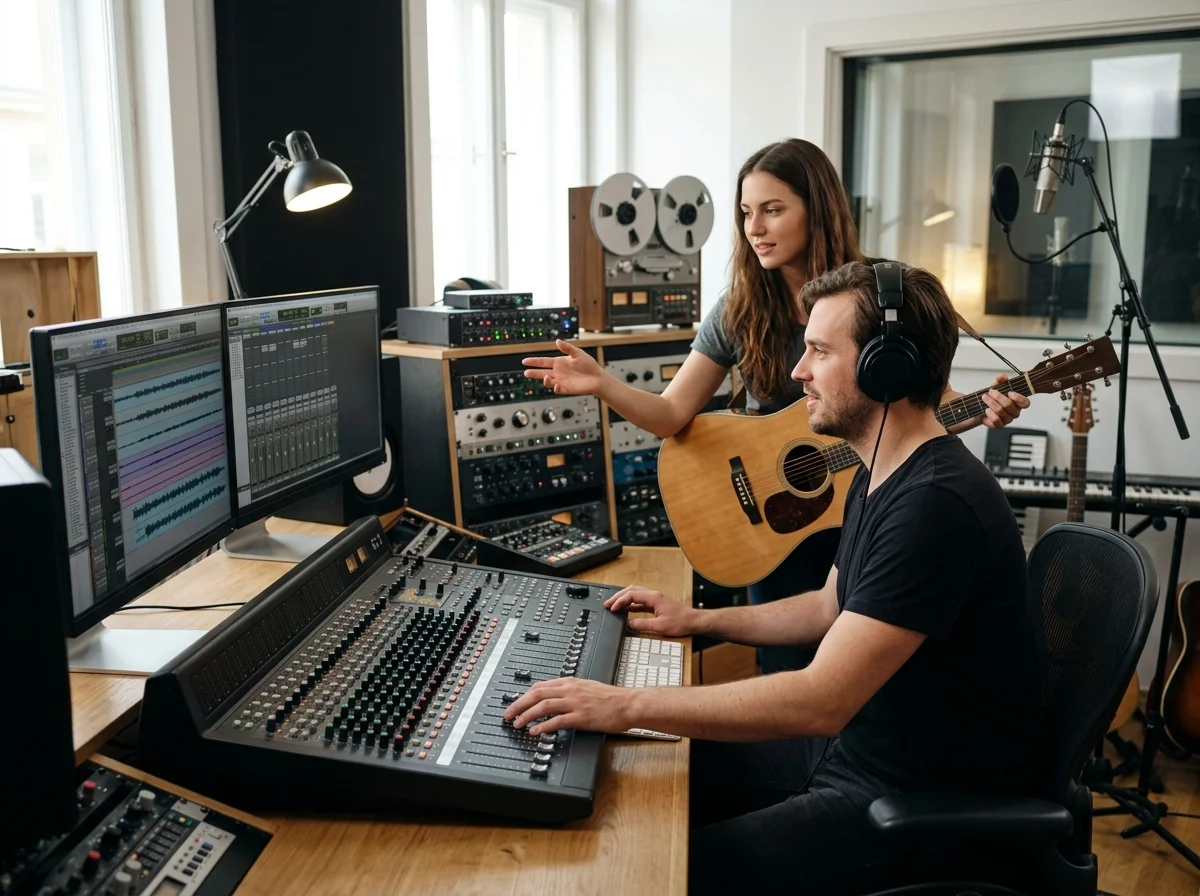 Independent musician shaping an AI music idea in a bright home studio