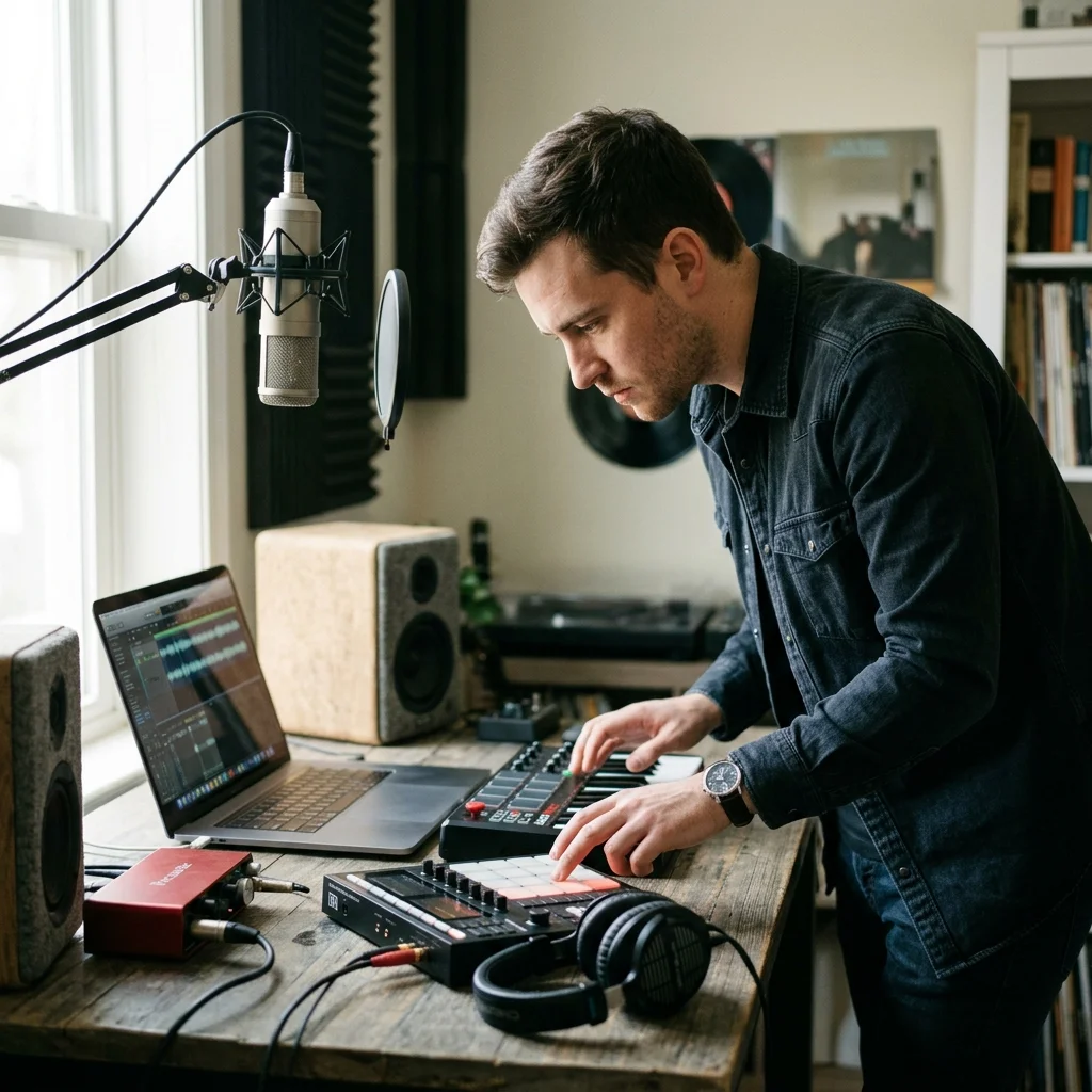 Beat producer tapping a drum pad controller for a new genre idea