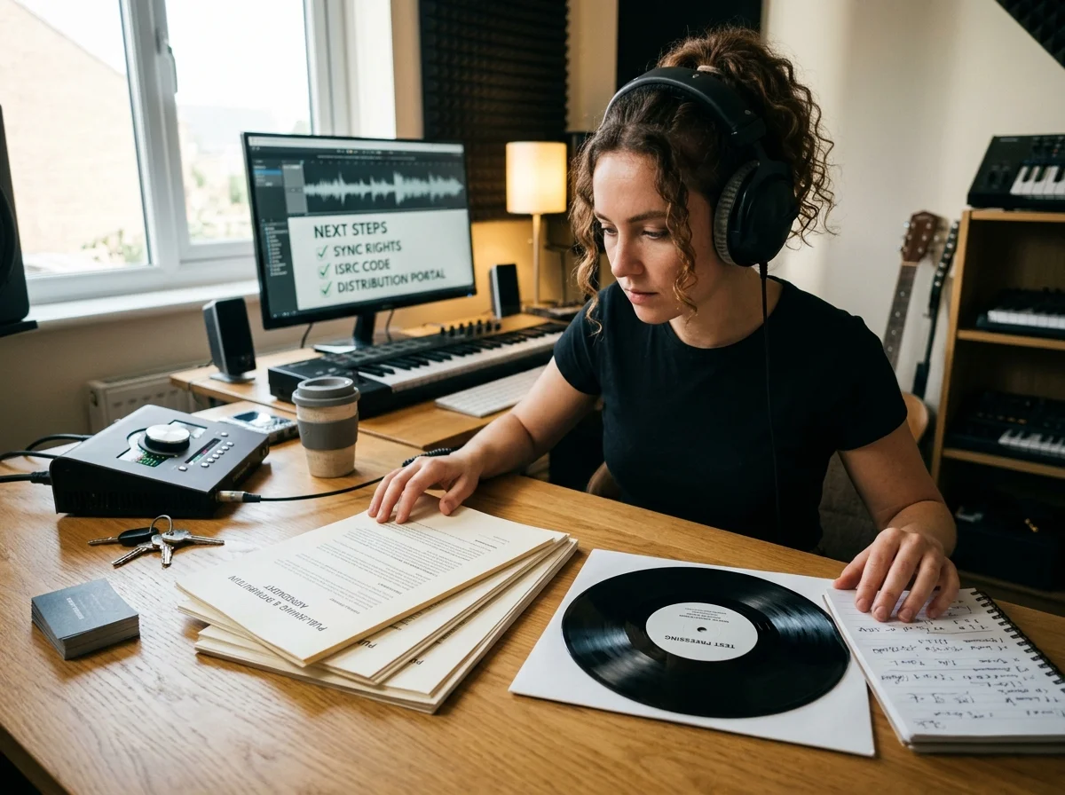 Creative team checking commercial music rights and publishing readiness