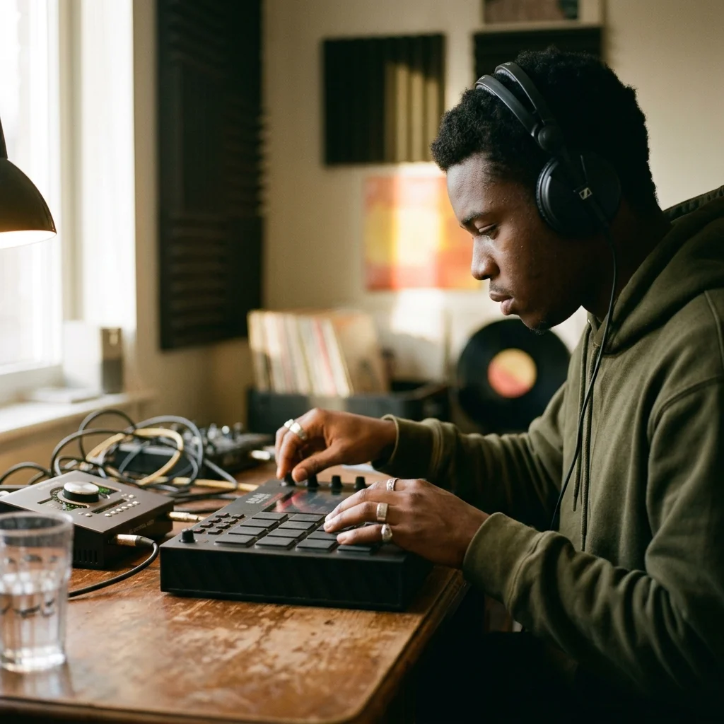 Beat producer tapping a drum pad controller for a new genre idea