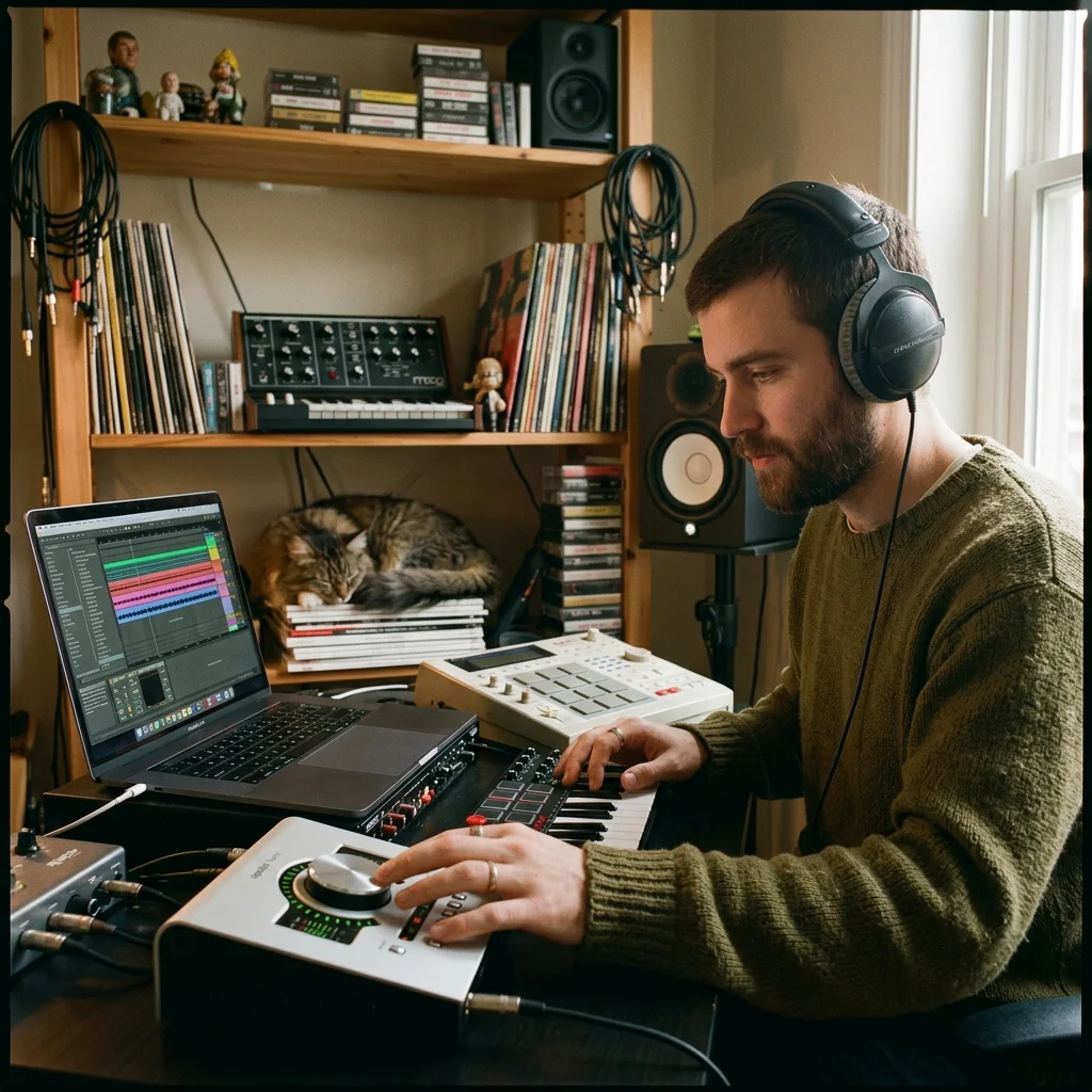 Independent musician shaping an AI music idea in a bright home studio