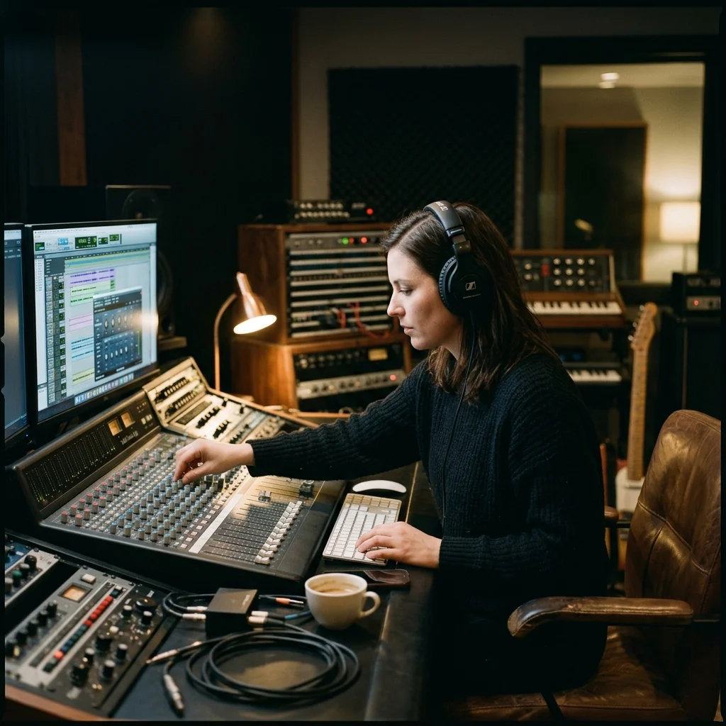 Creator editing a music video with waveform and caption timeline