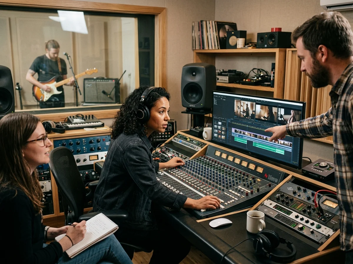 Sound designer analyzing BPM key and pitch before editing audio