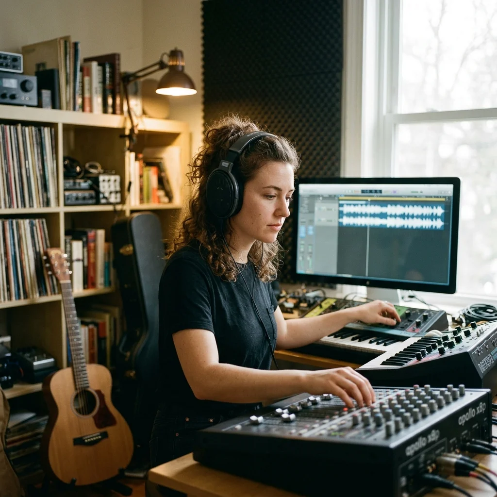 Creator editing a music video with waveform and caption timeline