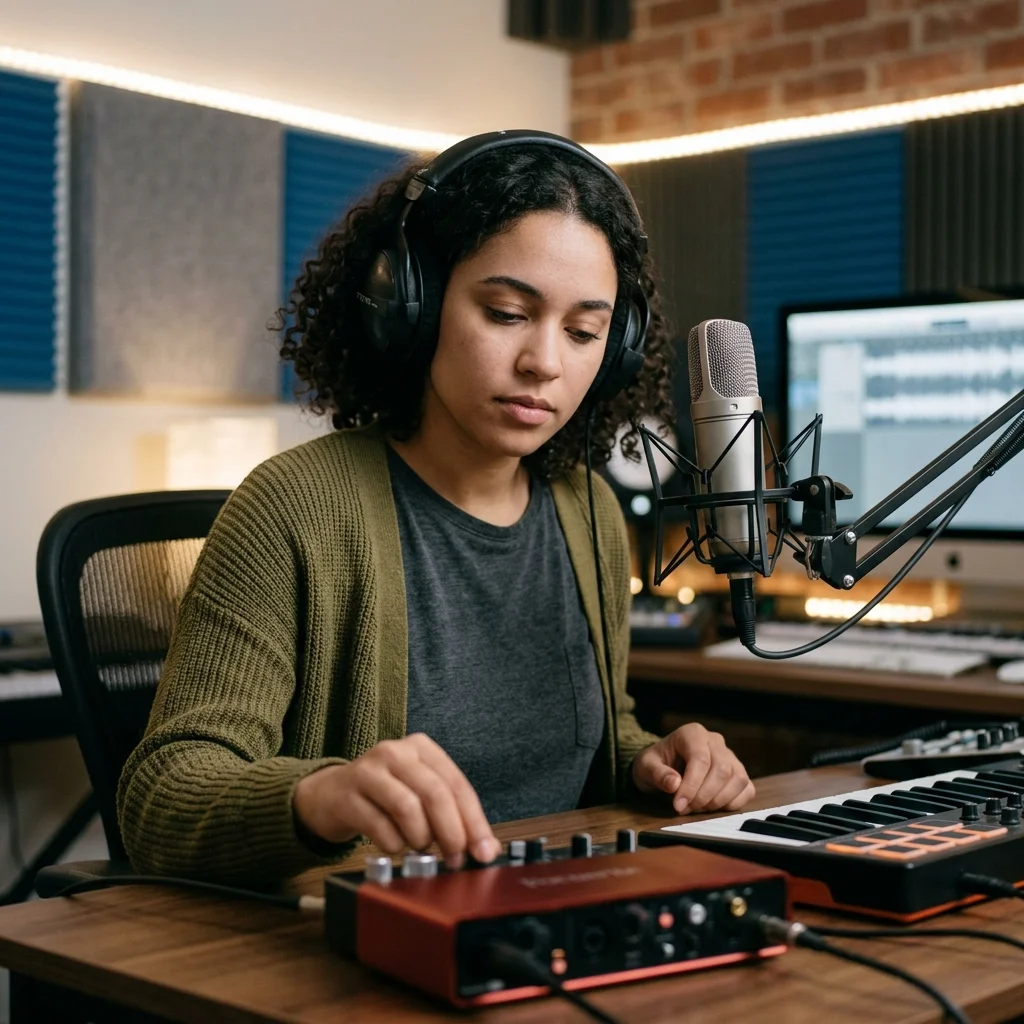 Independent musician shaping an AI music idea in a bright home studio