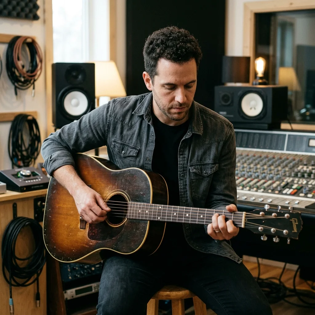 Independent musician shaping an AI music idea in a bright home studio