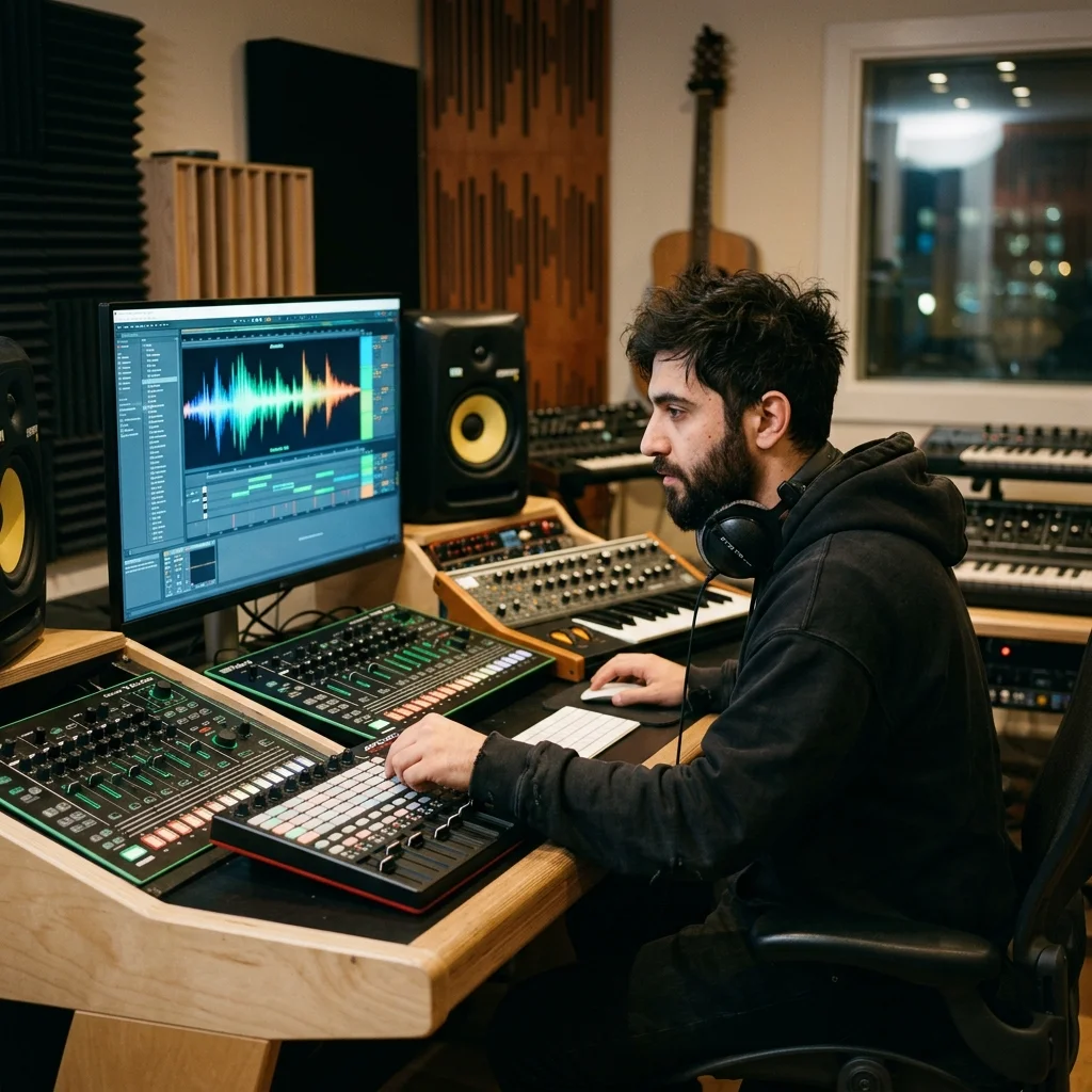 Creator editing a music video with waveform and caption timeline
