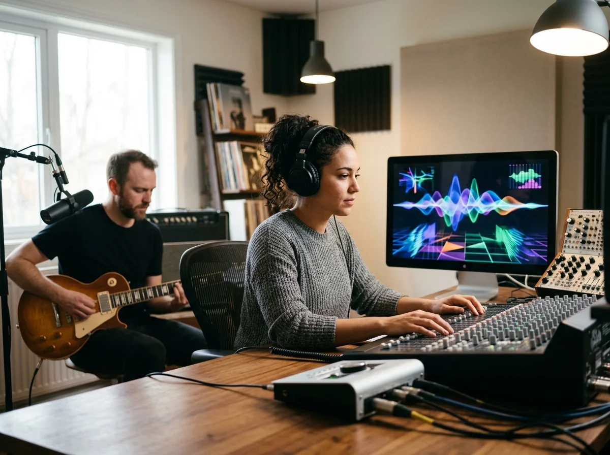 Sound designer analyzing BPM key and pitch before editing audio