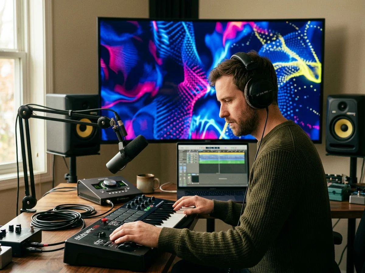 Creator editing a music video with waveform and caption timeline