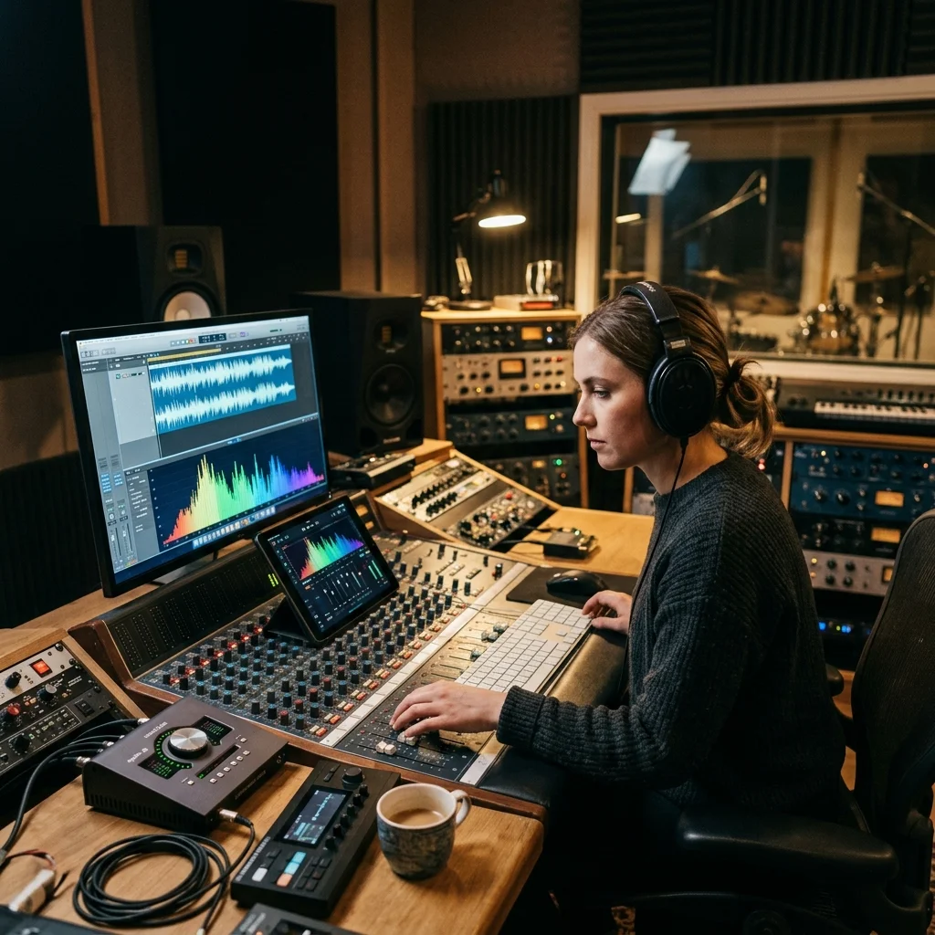Independent musician shaping an AI music idea in a bright home studio
