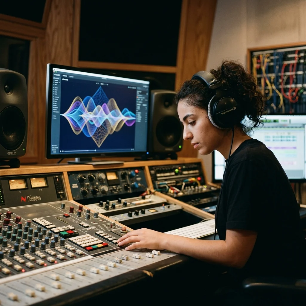 Sound designer analyzing BPM key and pitch before editing audio