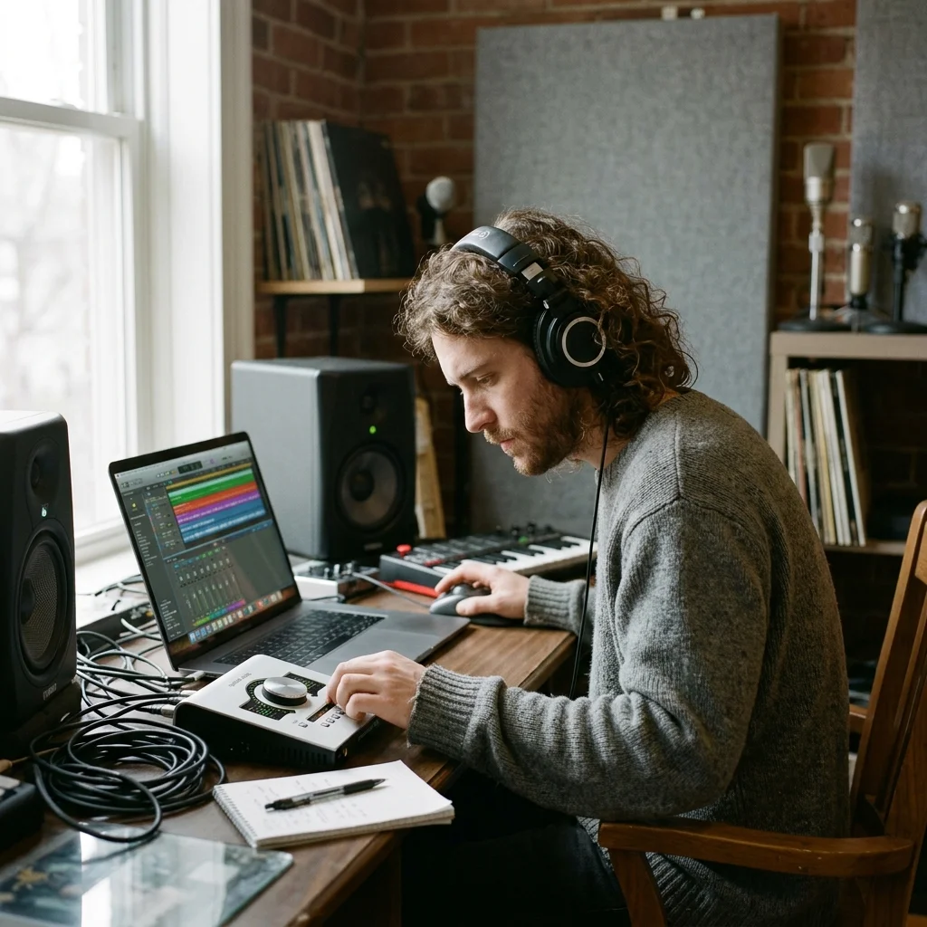 Creator editing a music video with waveform and caption timeline