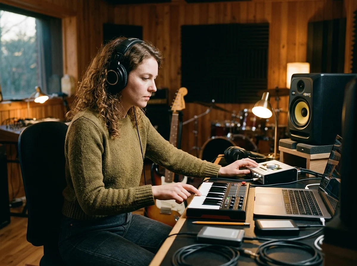 Sound designer analyzing BPM key and pitch before editing audio