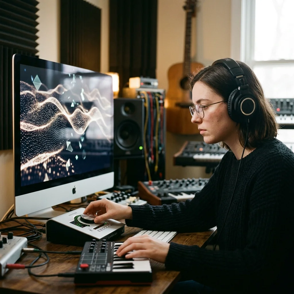 Creator editing a music video with waveform and caption timeline