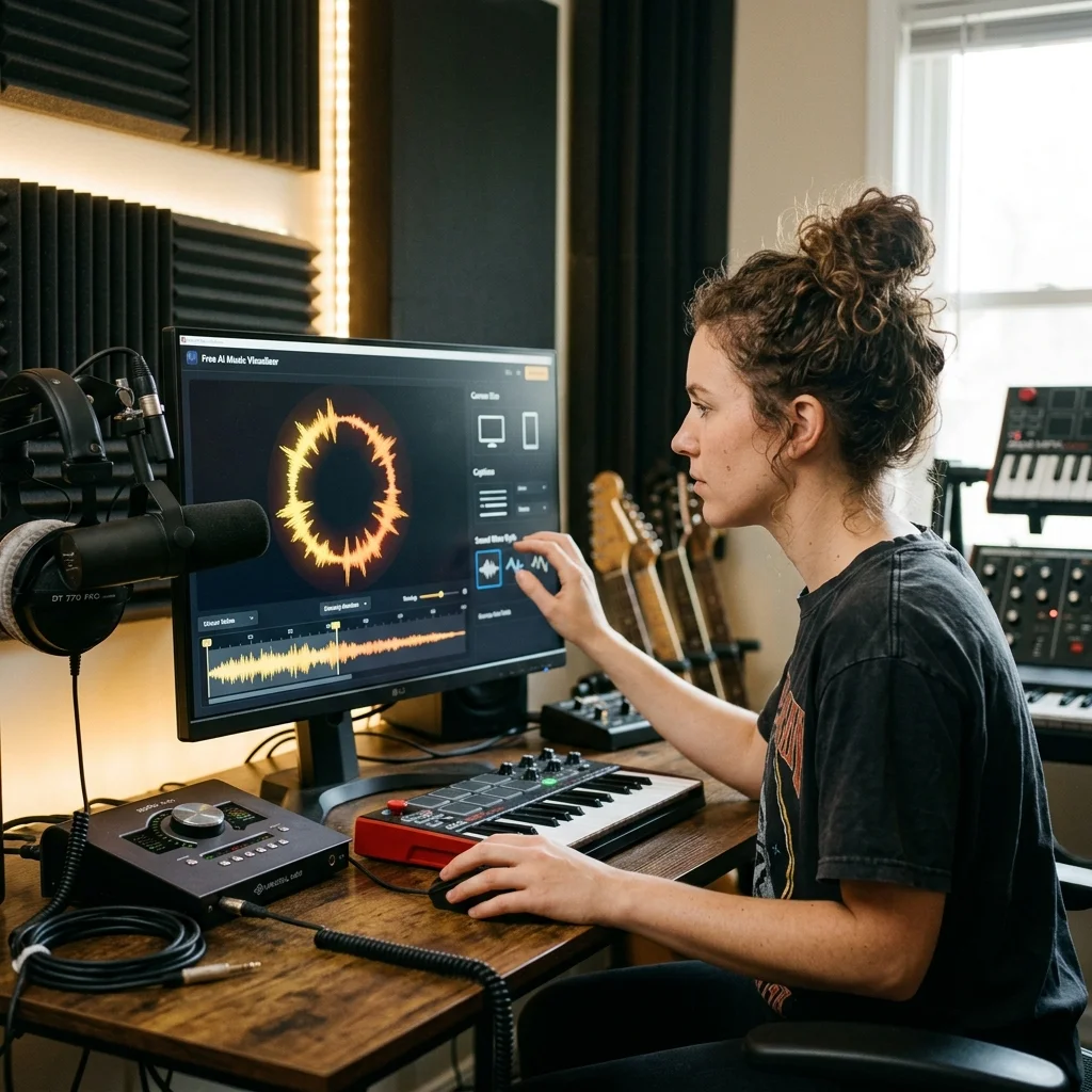 Independent musician shaping an AI music idea in a bright home studio