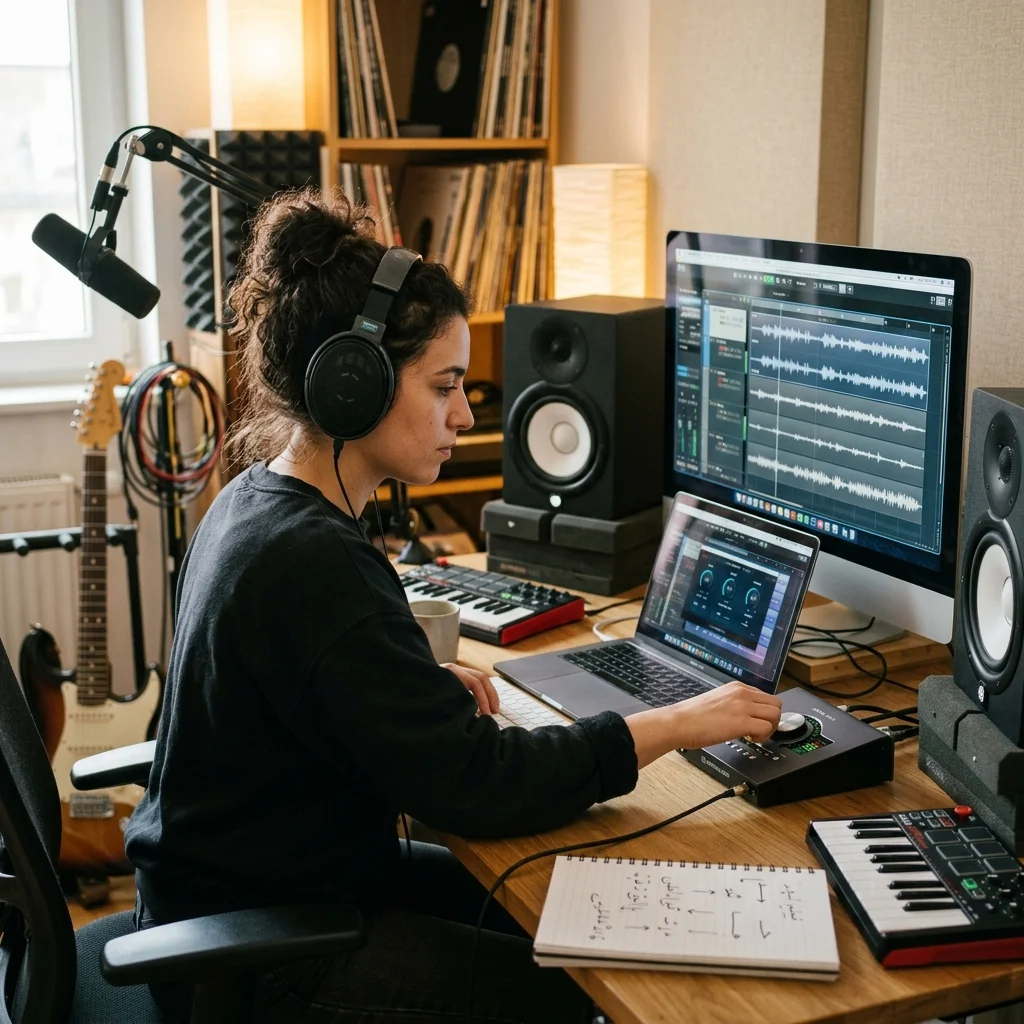 Audio engineer separating vocal and instrumental stems in a clean studio