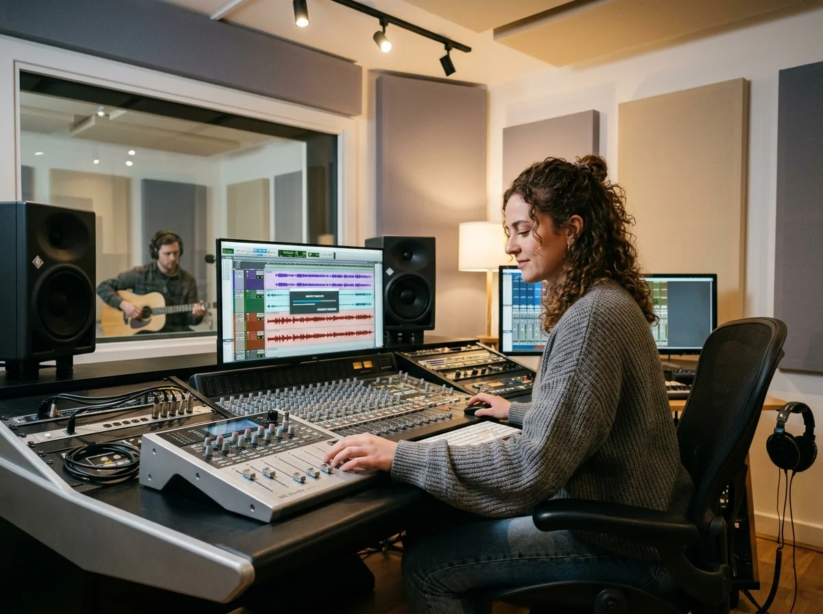 Independent musician shaping an AI music idea in a bright home studio