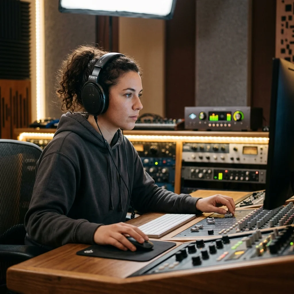 Audio engineer separating vocal and instrumental stems in a clean studio