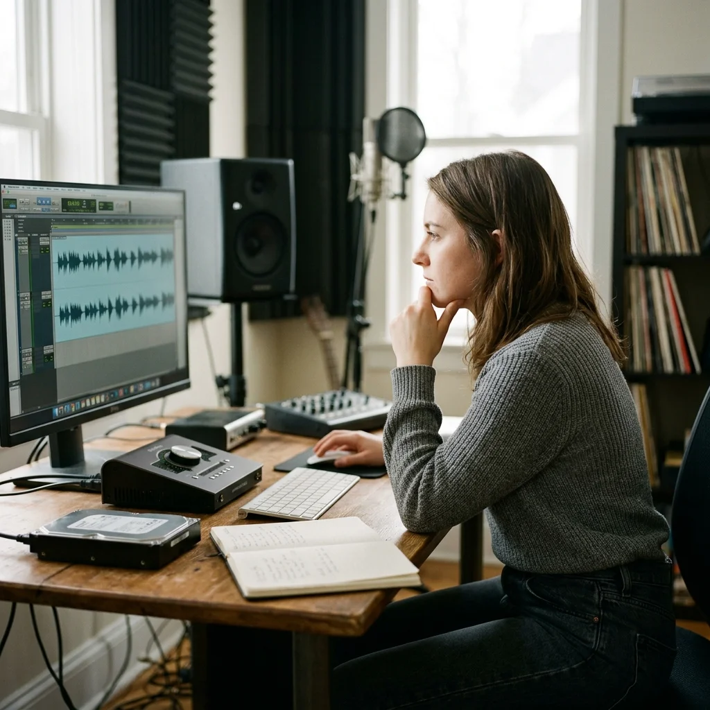 Sound designer analyzing BPM key and pitch before editing audio