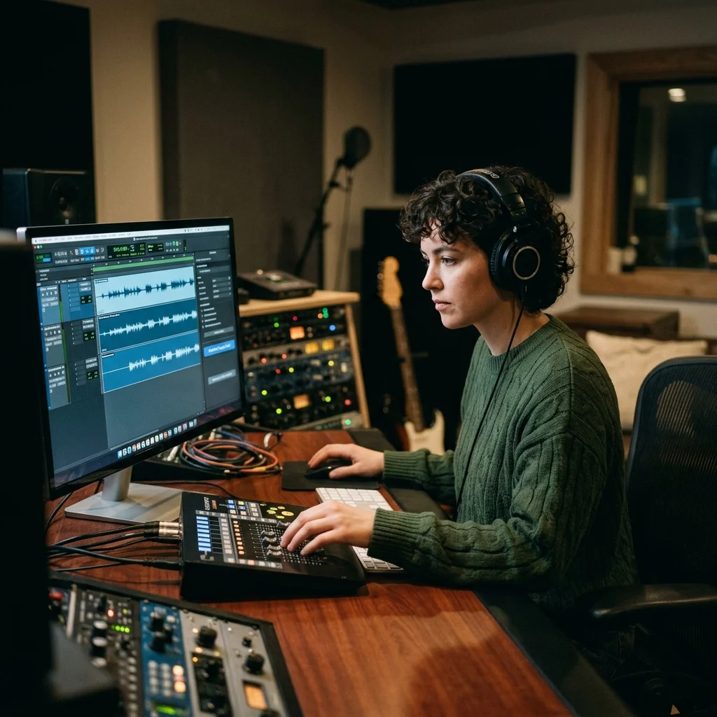Audio engineer separating vocal and instrumental stems in a clean studio