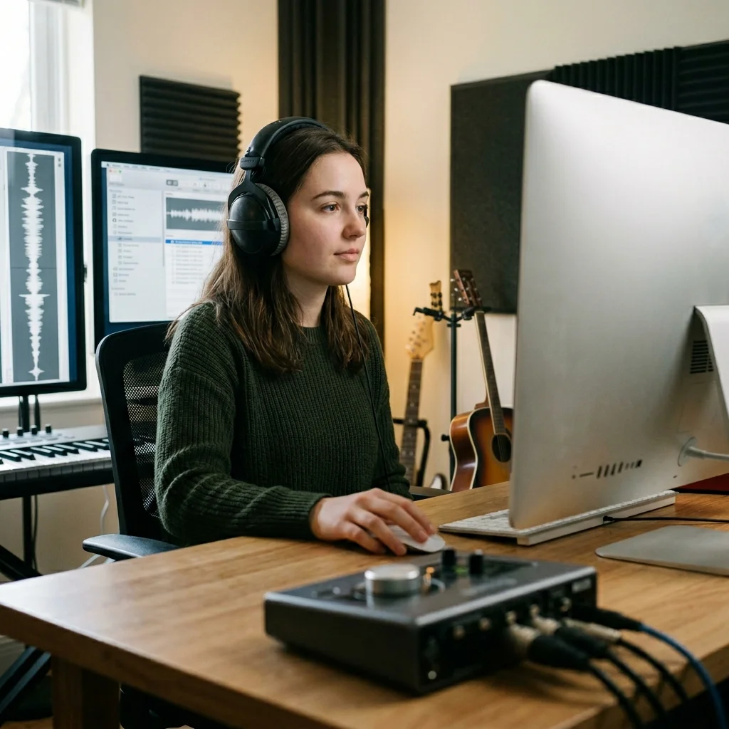 Audio engineer separating vocal and instrumental stems in a clean studio