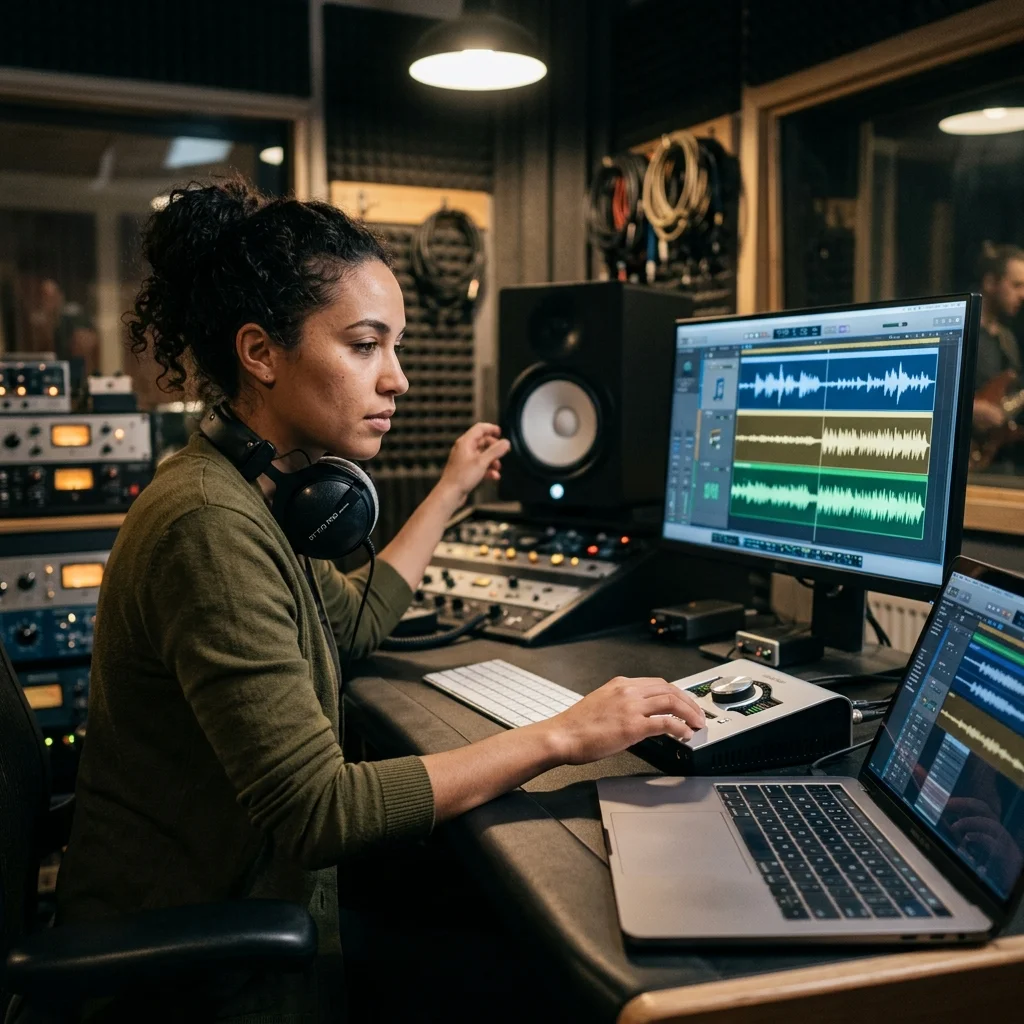 Sound designer analyzing BPM key and pitch before editing audio