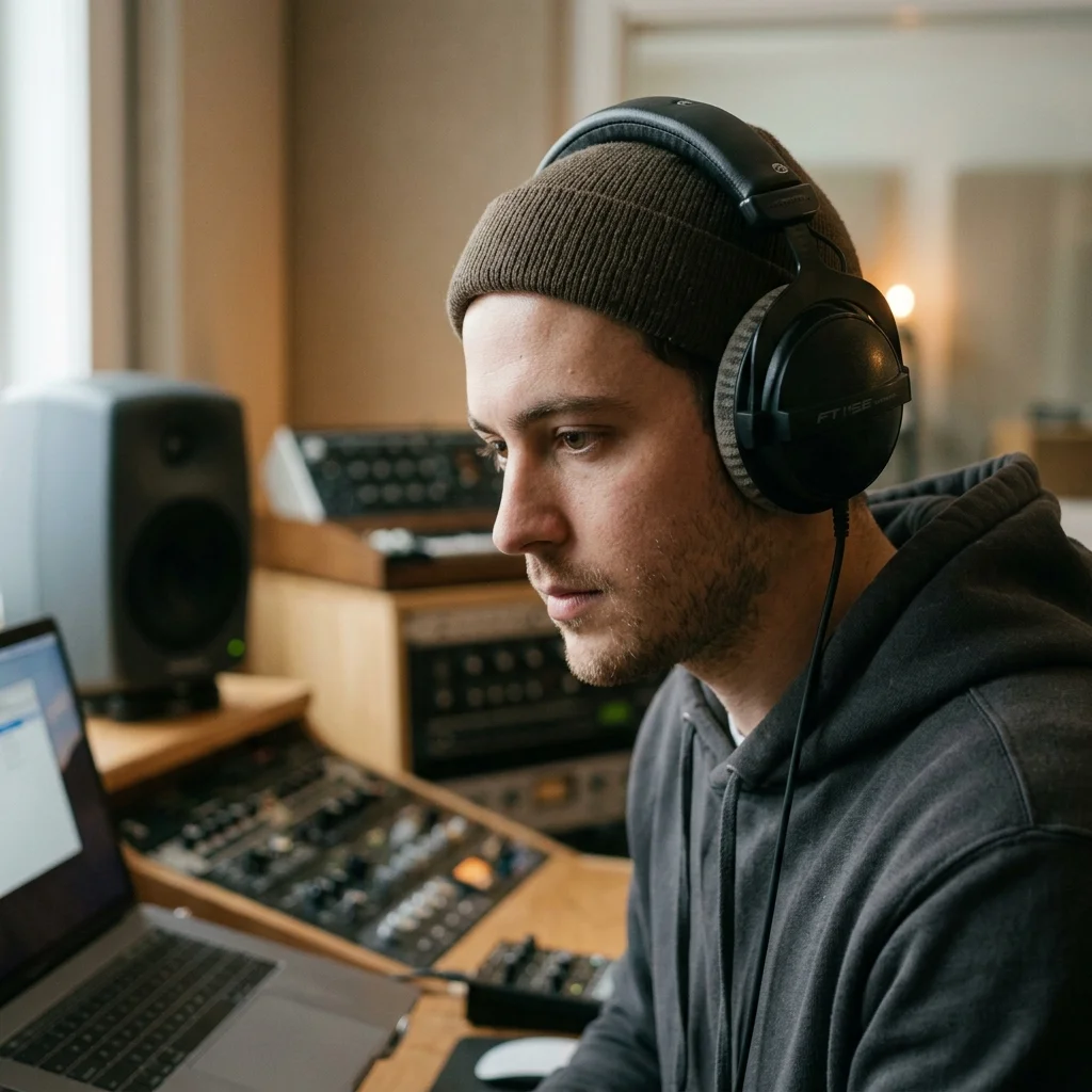 Music producer preparing a mastered track for release