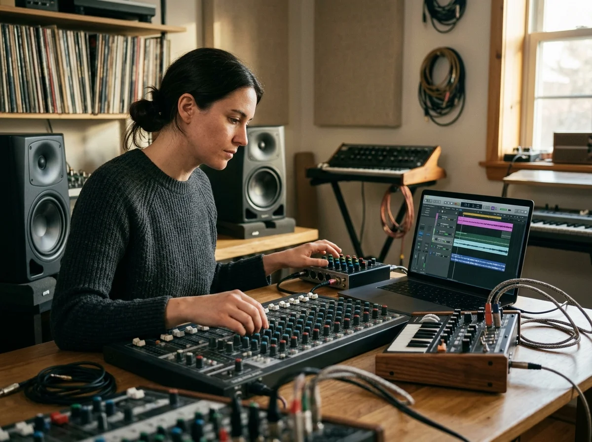 Photographer turning a printed image memory into a music mood