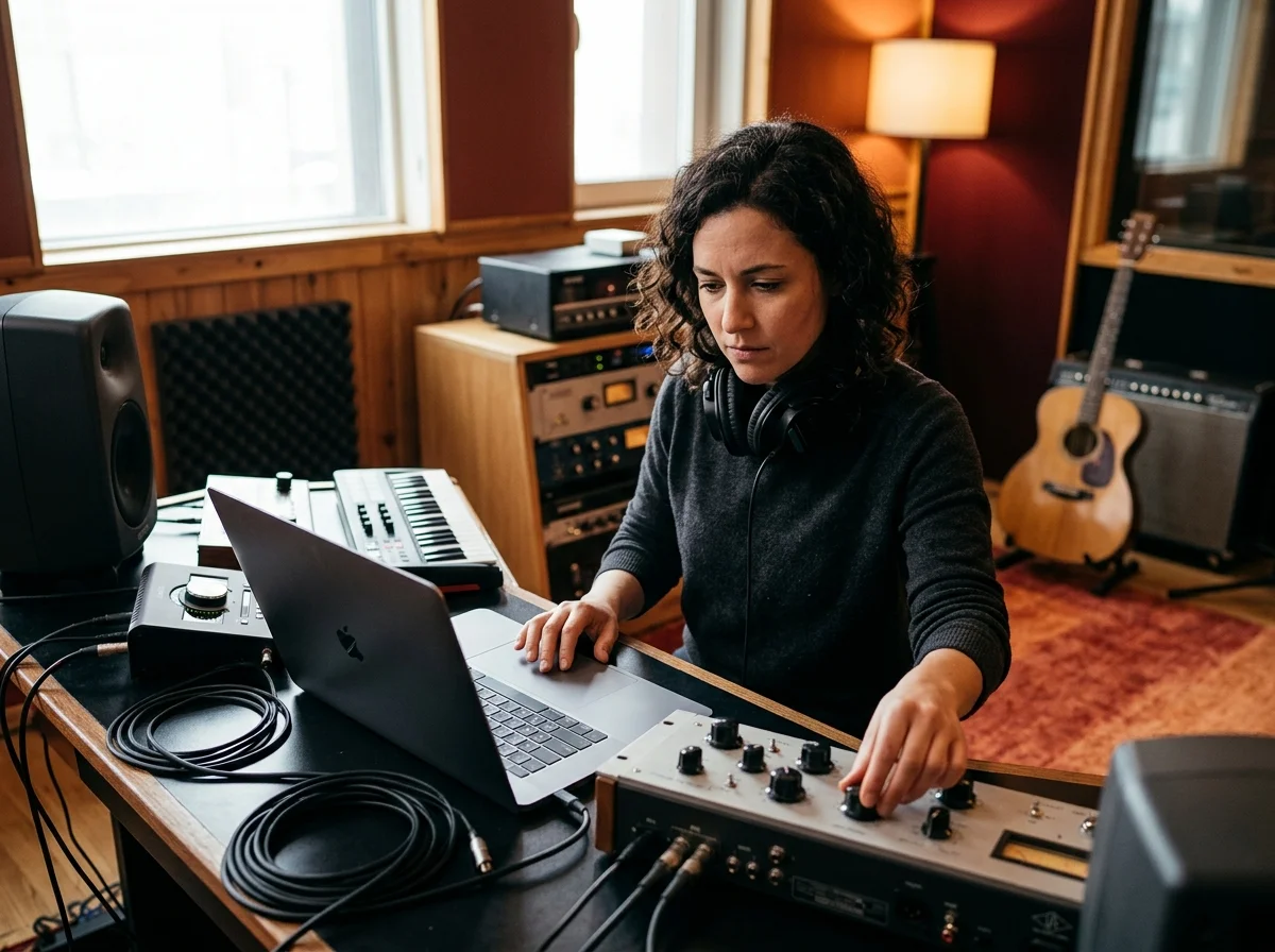 Sound designer analyzing BPM key and pitch before editing audio