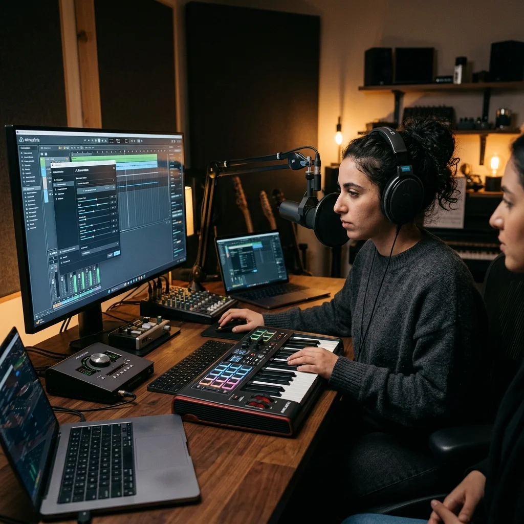 Creator shaping ambient background music with a compact sound texture device
