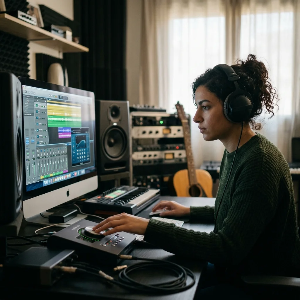 Creator shaping ambient background music with a compact sound texture device