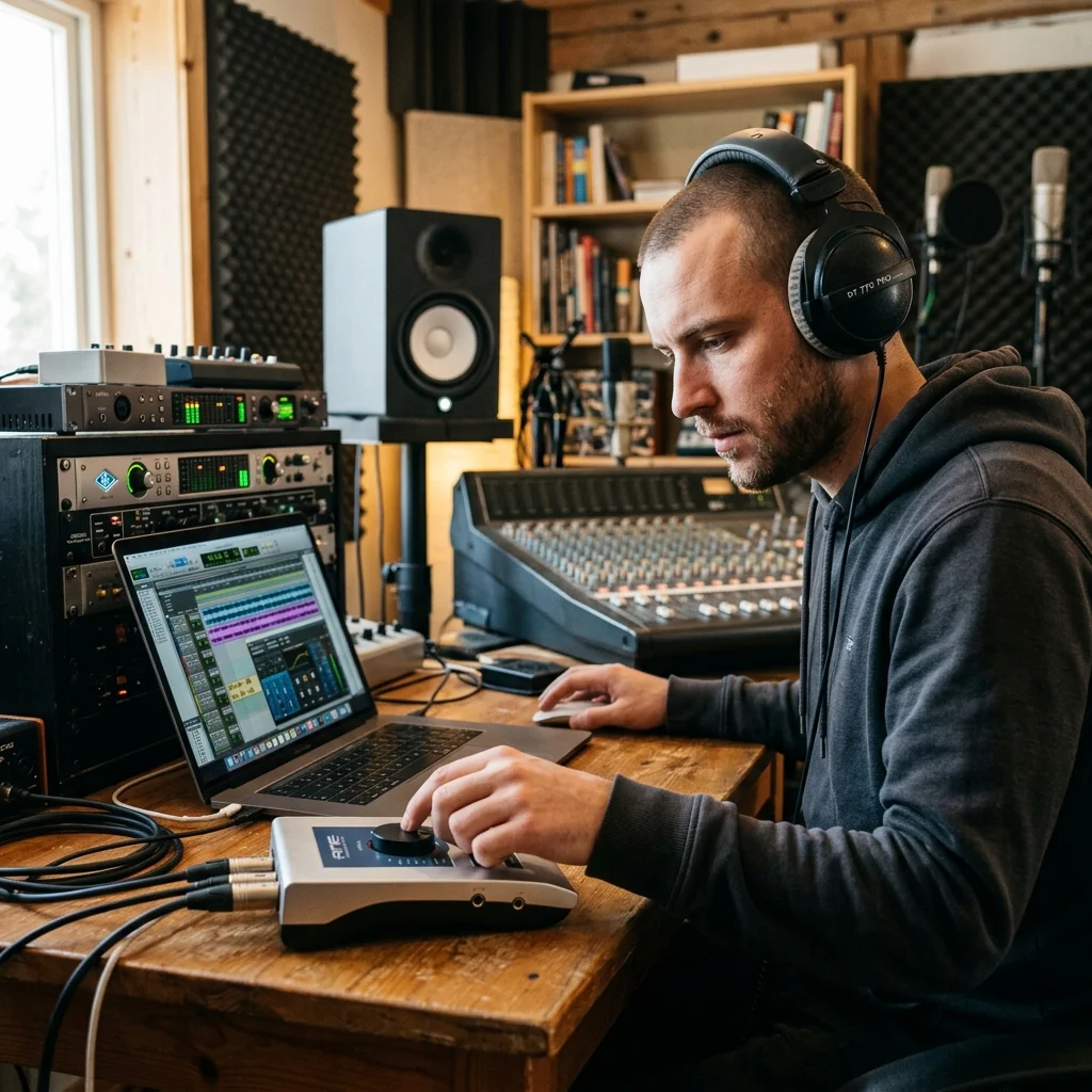 Independent musician shaping an AI music idea in a bright home studio