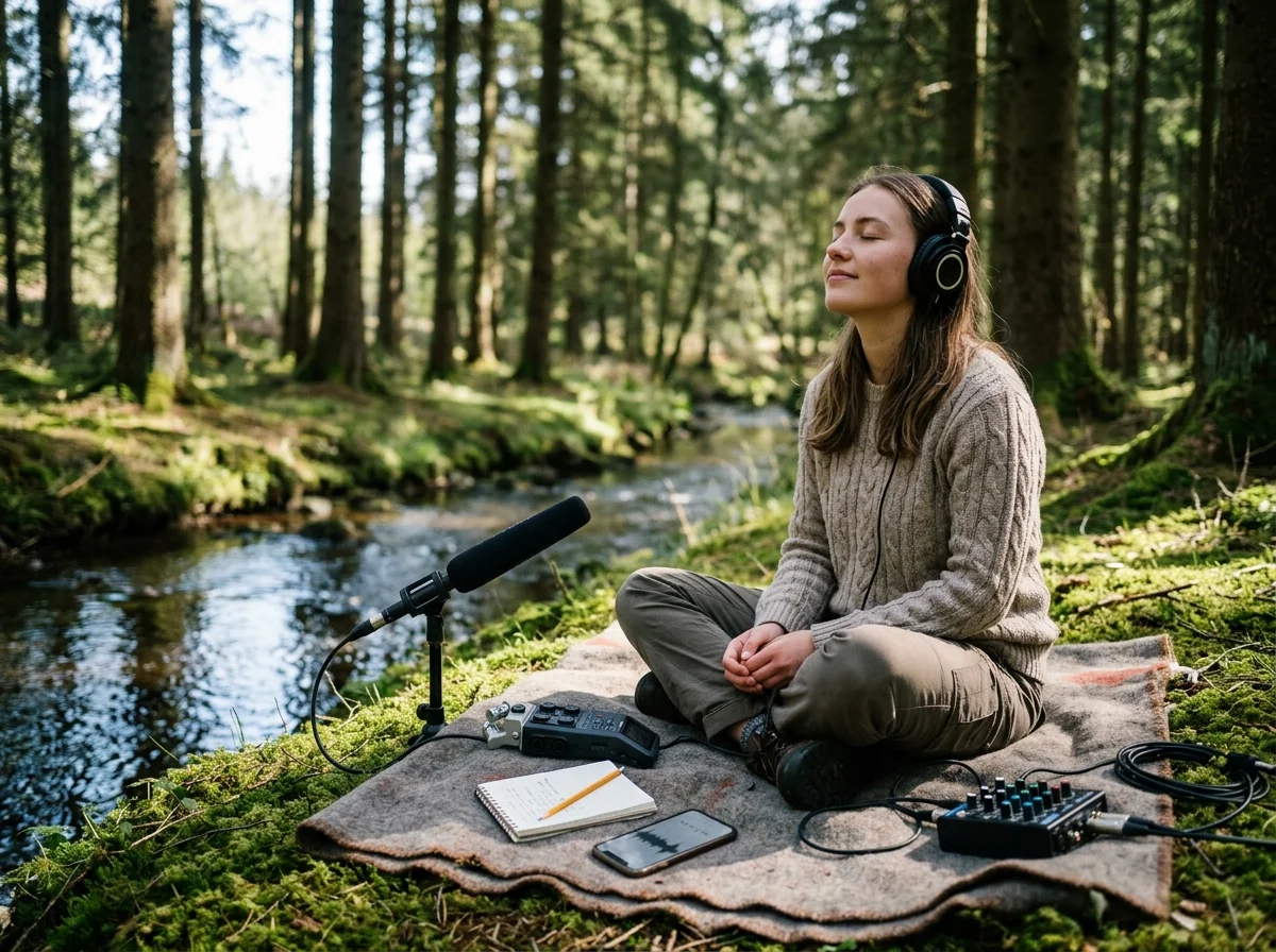 Creator shaping ambient background music with a compact sound texture device
