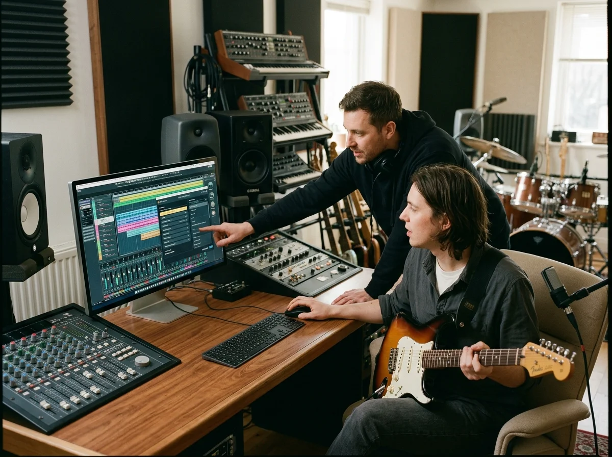Creator shaping ambient background music with a compact sound texture device