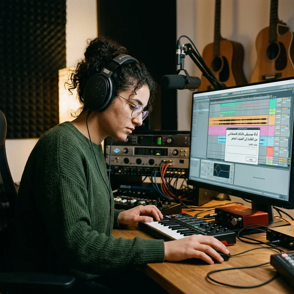 Creator shaping ambient background music with a compact sound texture device