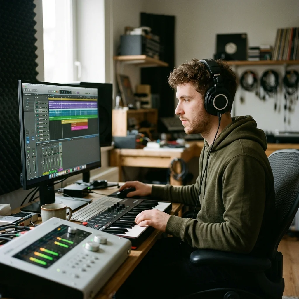 Sound designer analyzing BPM key and pitch before editing audio