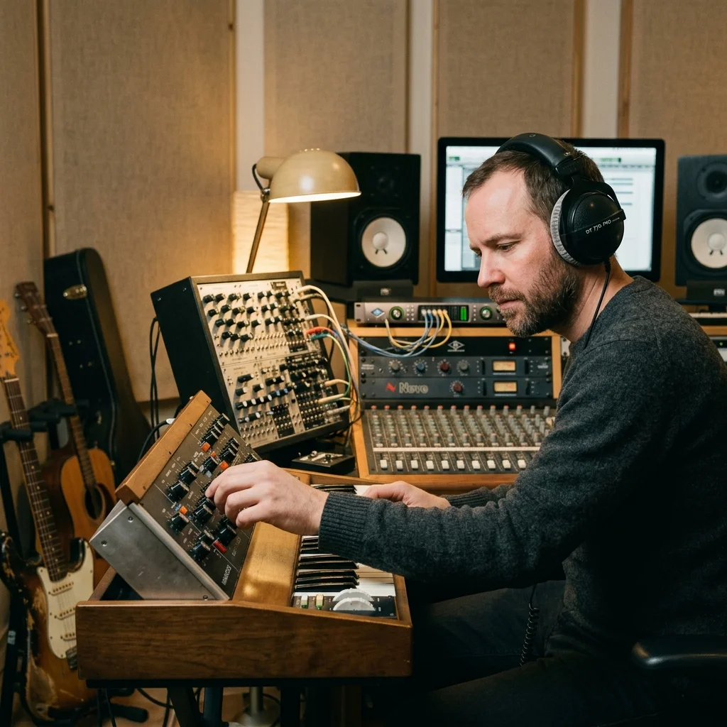 Creator shaping ambient background music with a compact sound texture device