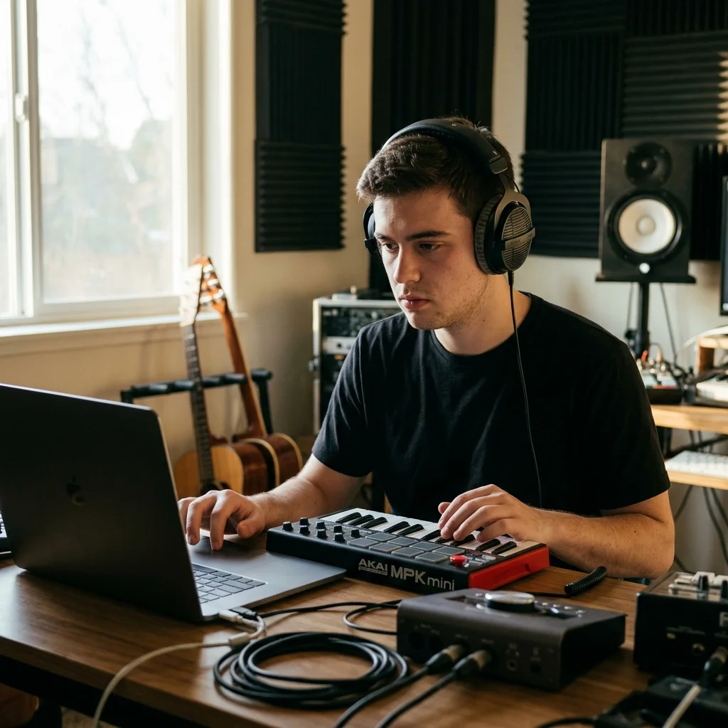 Beat producer tapping a drum pad controller for a new genre idea
