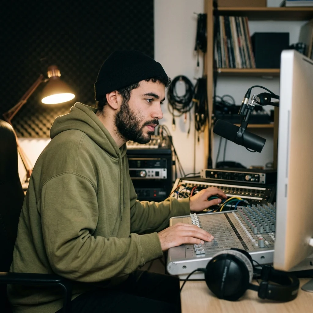 Beat producer tapping a drum pad controller for a new genre idea