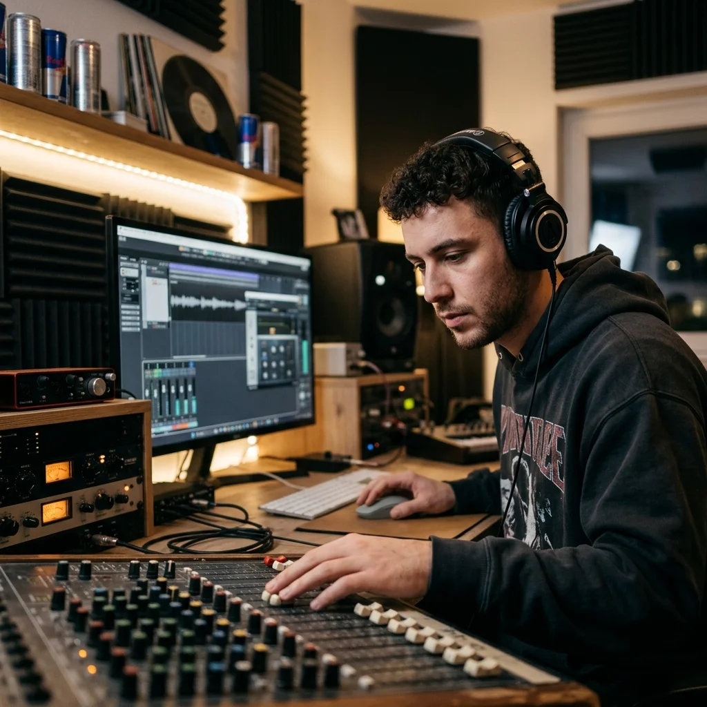 Independent musician shaping an AI music idea in a bright home studio