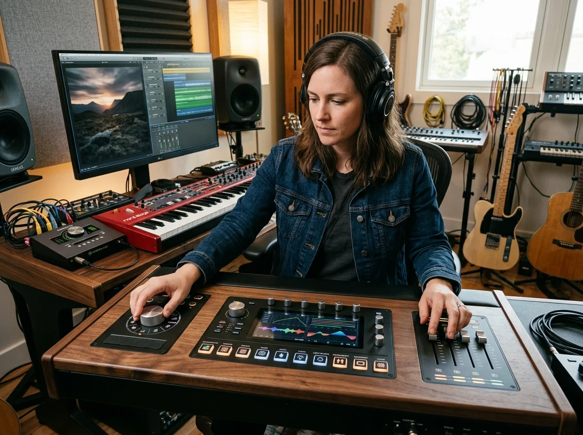Creator shaping ambient background music with a compact sound texture device