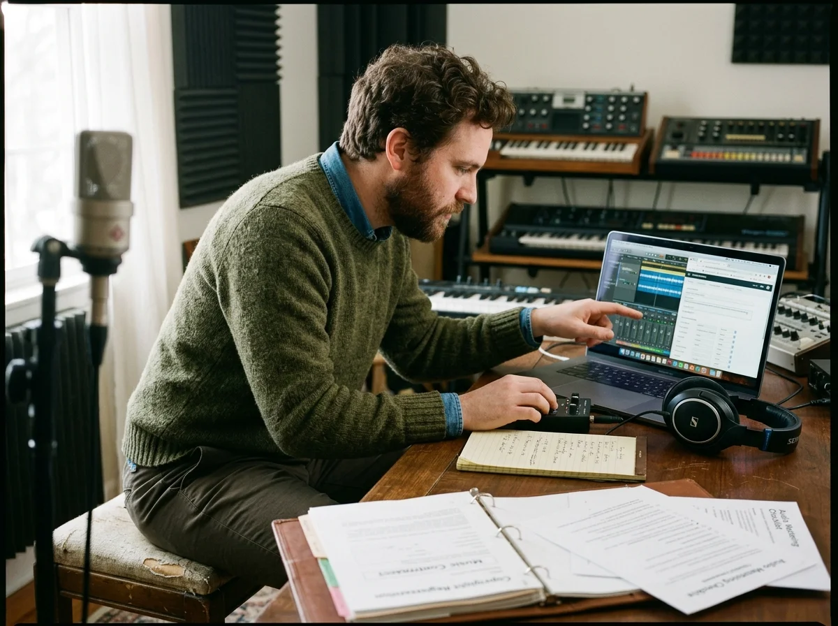 Independent musician shaping an AI music idea in a bright home studio