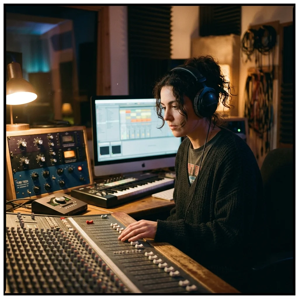 Songwriter turning rough ideas into lyrics with acoustic guitar nearby