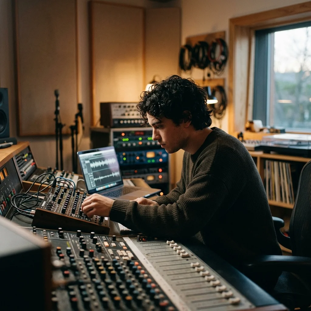 Creator shaping ambient background music with a compact sound texture device