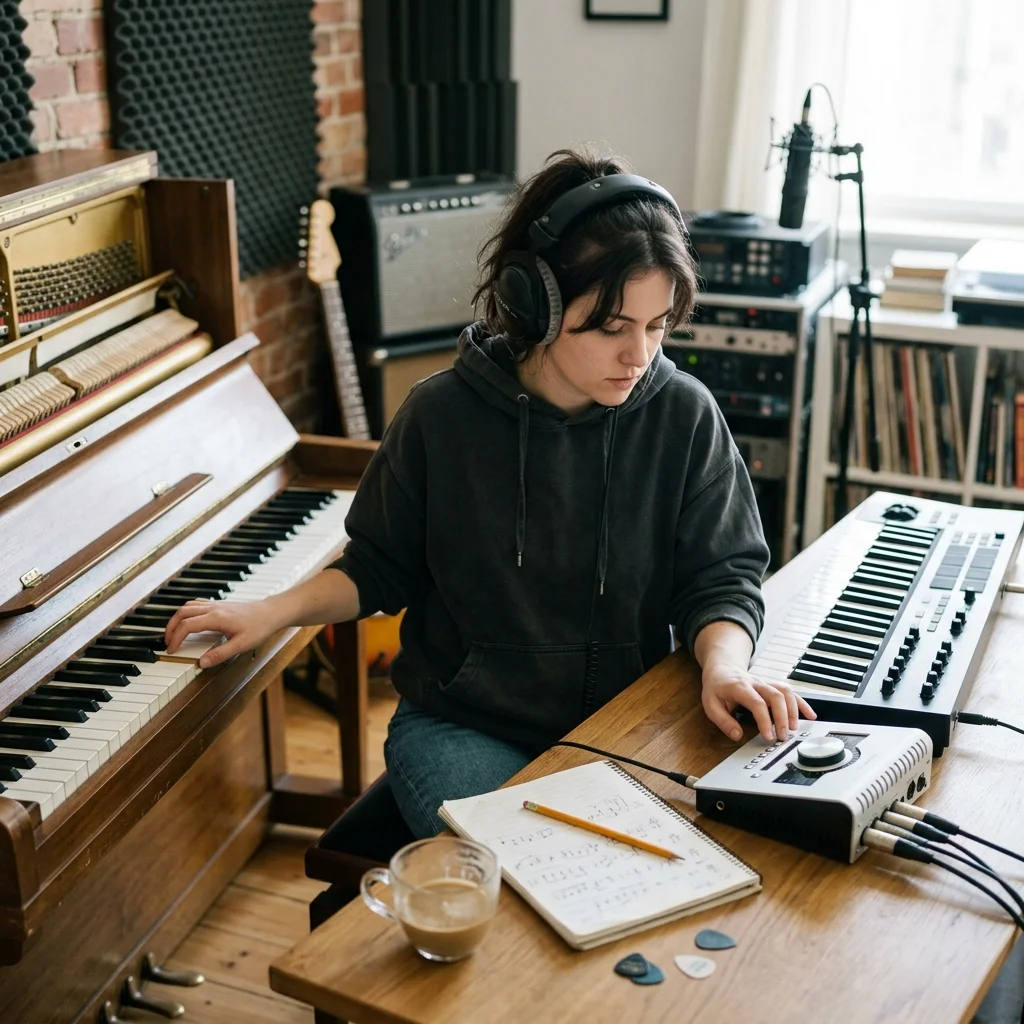 Composer building chords and MIDI ideas on a digital piano