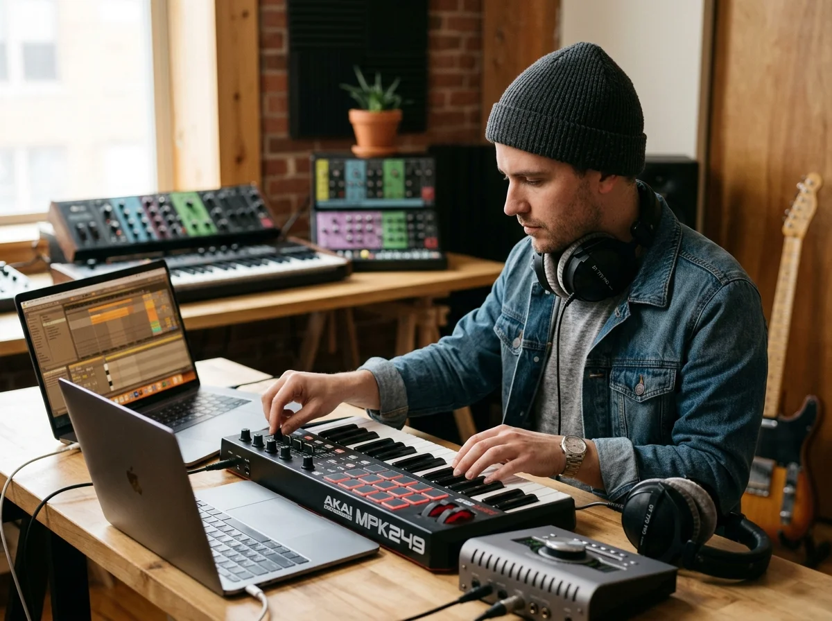 Beat producer tapping a drum pad controller for a new genre idea