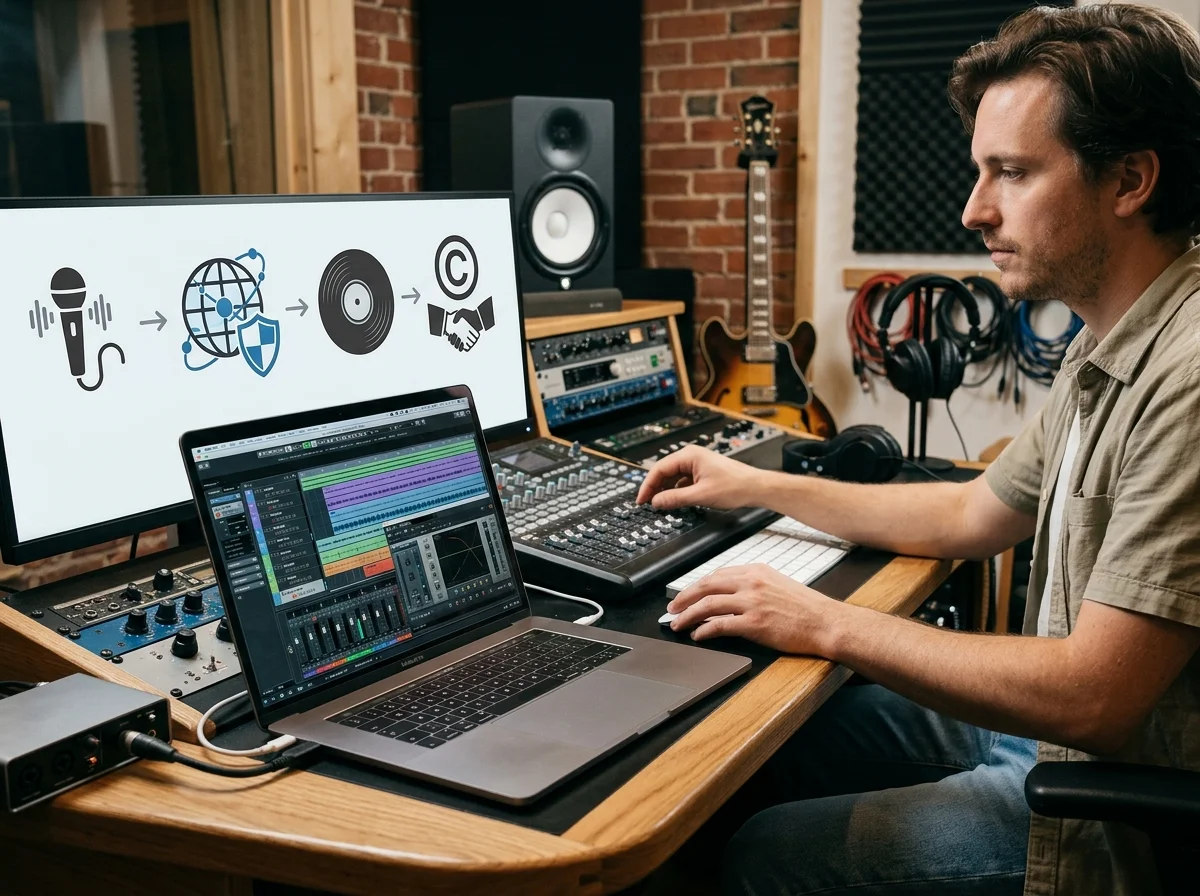 Creative team checking commercial music rights and publishing readiness