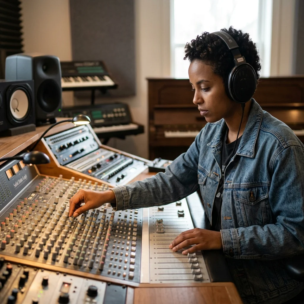 Independent musician shaping an AI music idea in a bright home studio